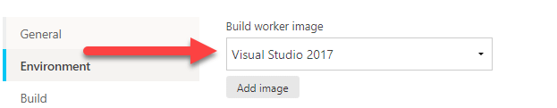 La imagen muestra como seleccionar Visual Studio 2017 en AppVeyor